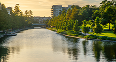 A view of Waterway Square Town Center in The Woodlands, Texas