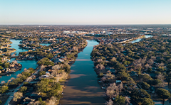 Aerial photo of the waterways near the historic Imperial Sugar Factory 