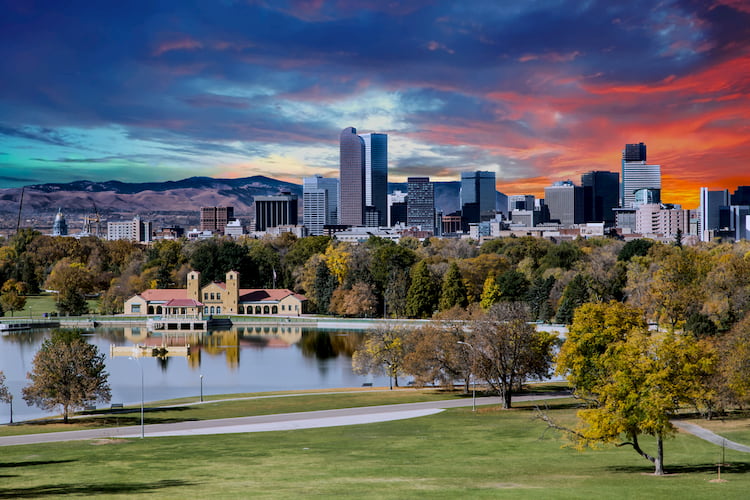 an image of the denver skyline at sunset